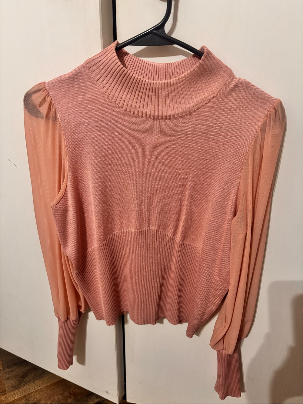 Almost Famous Dusty Pink Mock Neck Sleeveless Knit Top with Sheer Long Sleeves